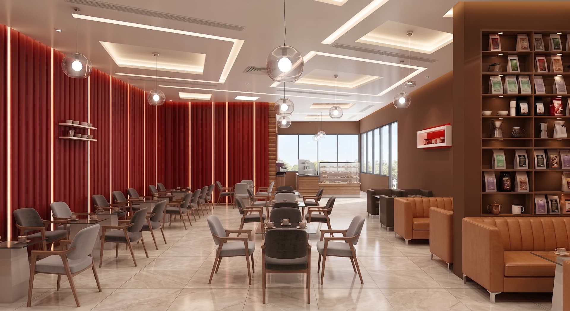 Wide interior render of the Al Ehsa café dining space