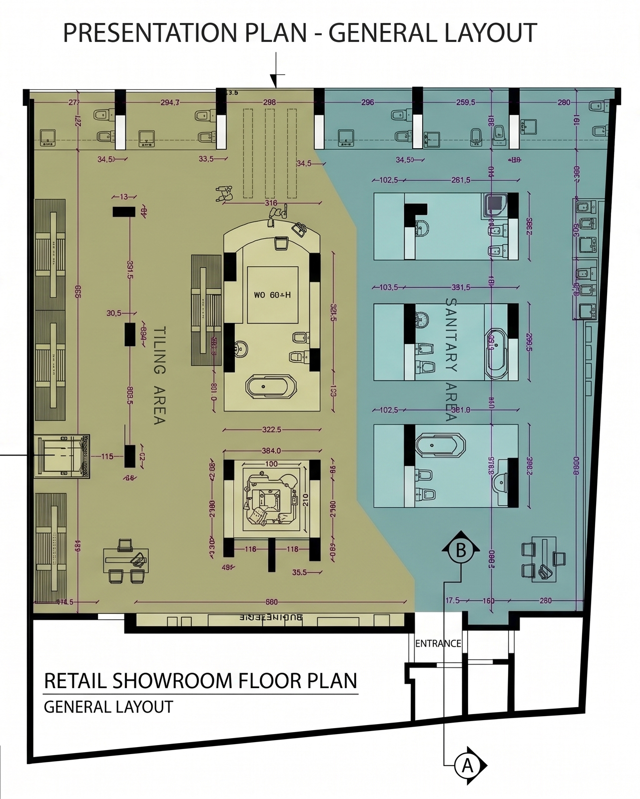 General layout plan of the retail showroom with tiling area and sanitary area