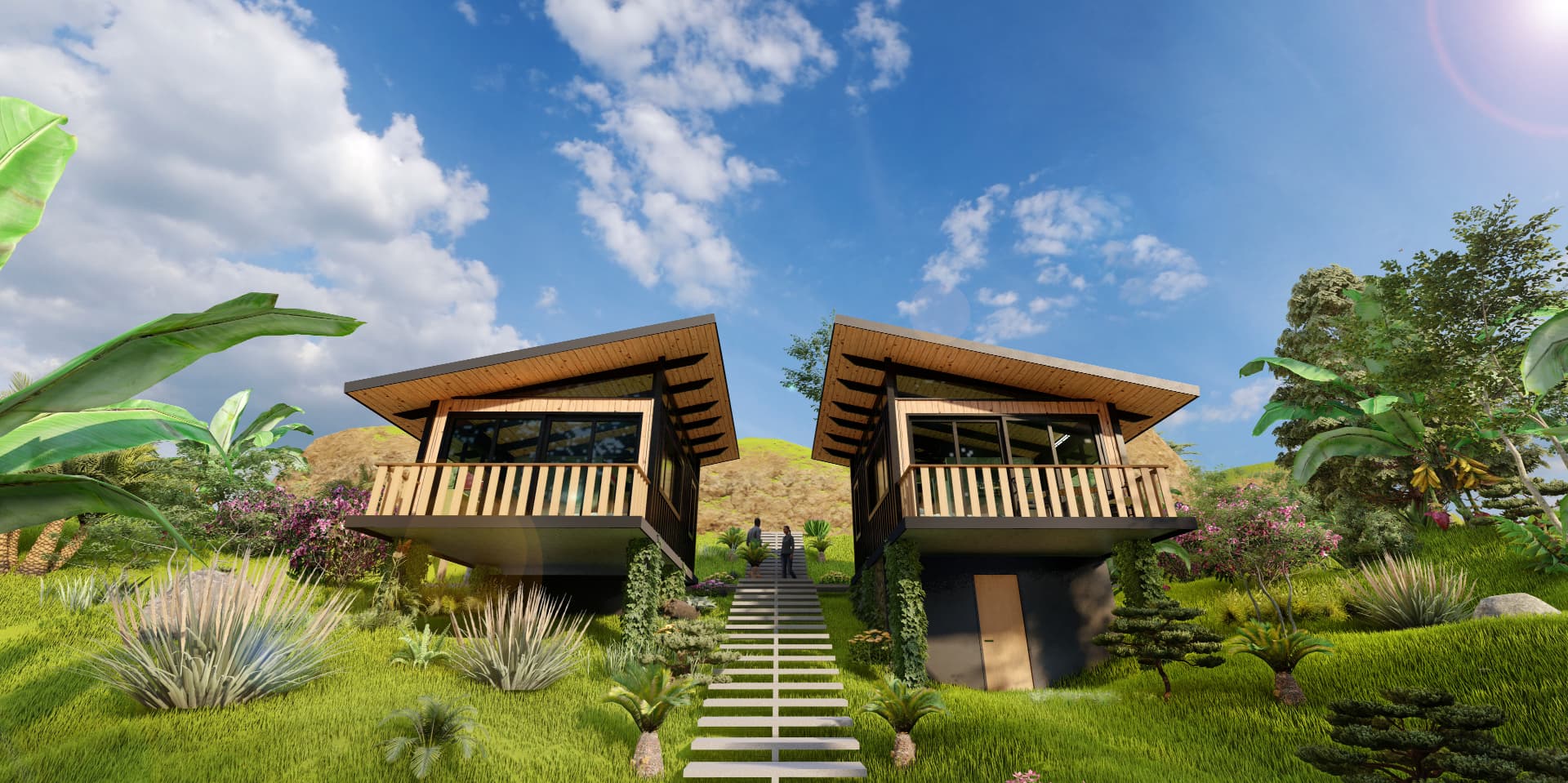 Two cabins with sheltering roofs stepping down a hillside with a connecting stair
