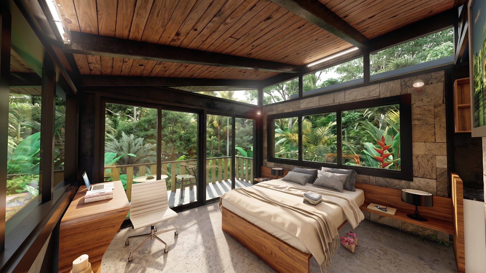 Bedroom with full-height glazing, clerestory windows and a stone feature wall facing the jungle