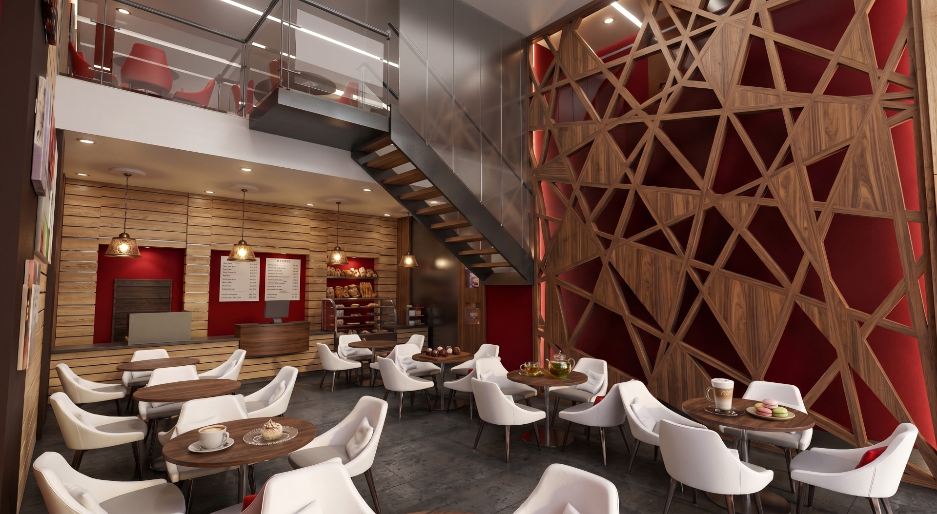 Interior render of the Dammam café with the decorative separation wall in timber and red