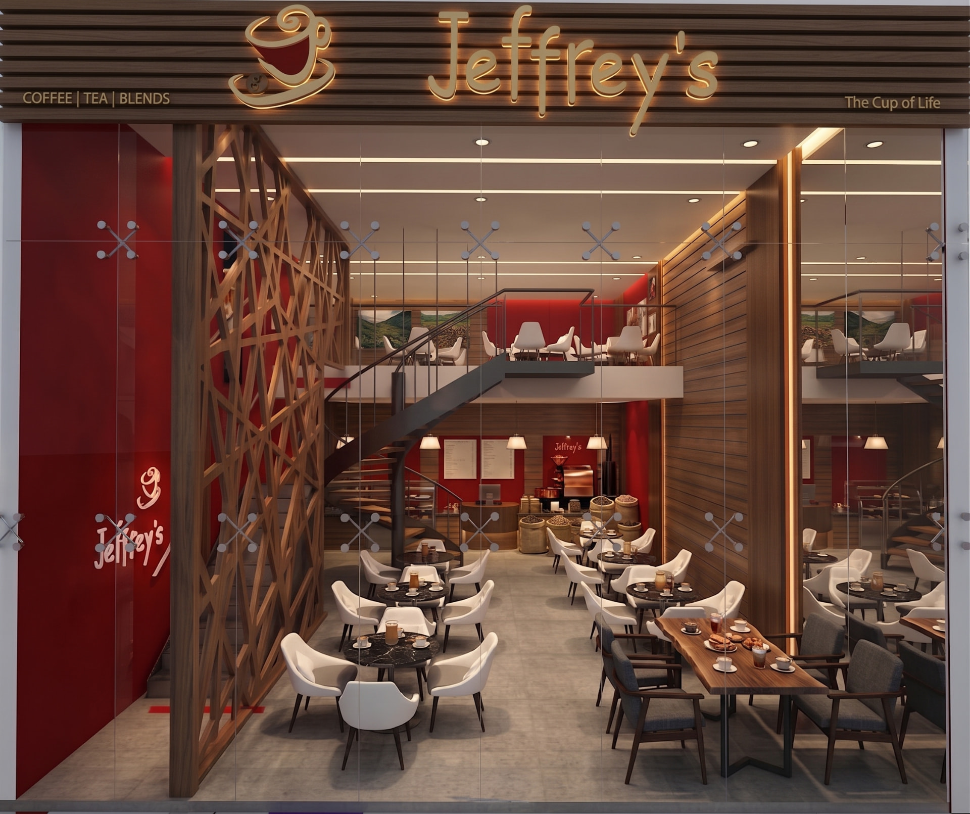 Storefront render of the Joffrey’s Riviera Mall café with timber lattice screen and mezzanine
