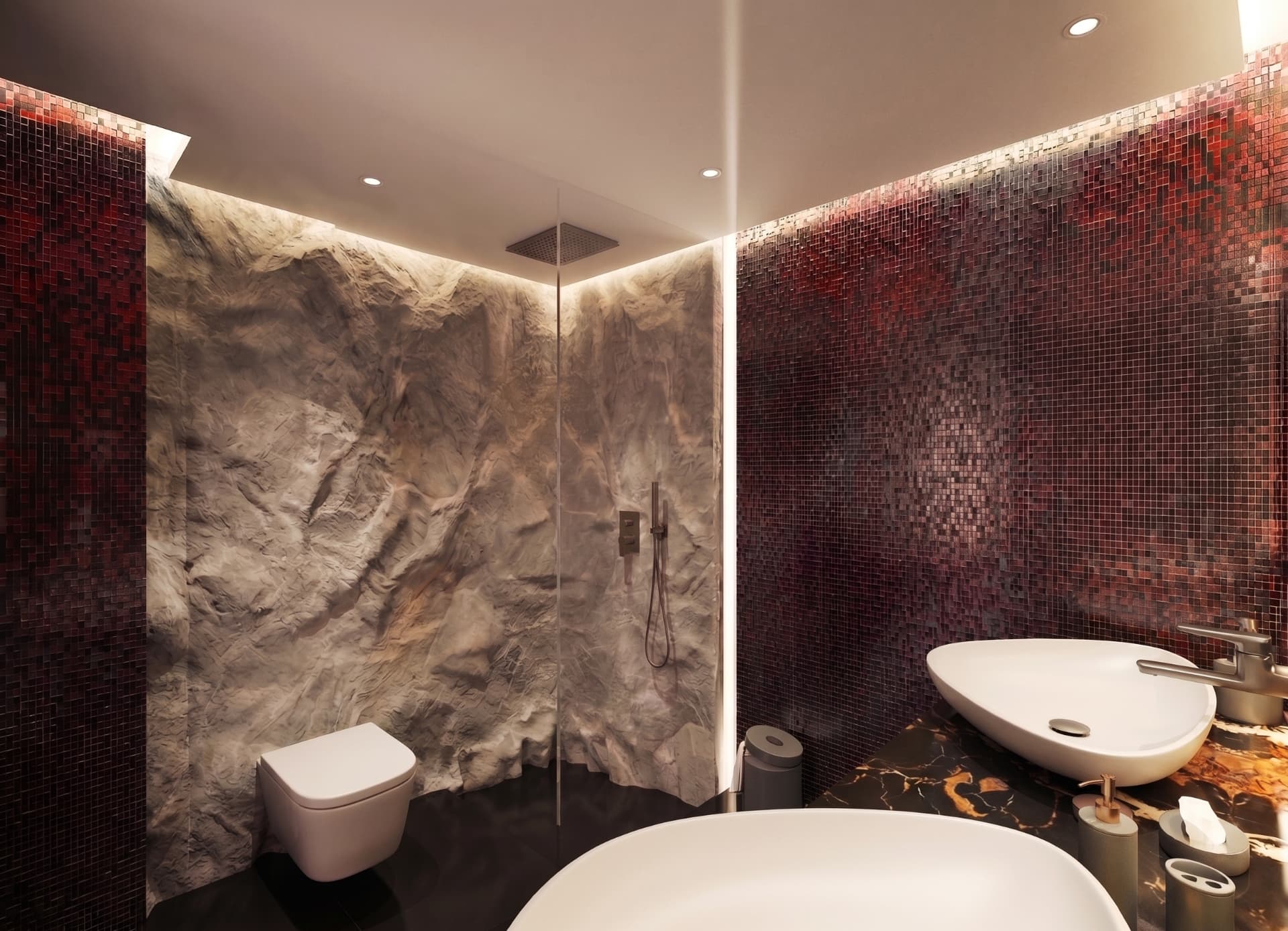 Spa-like bathroom with burgundy mosaic walls, sculpted stone shower and freestanding tub