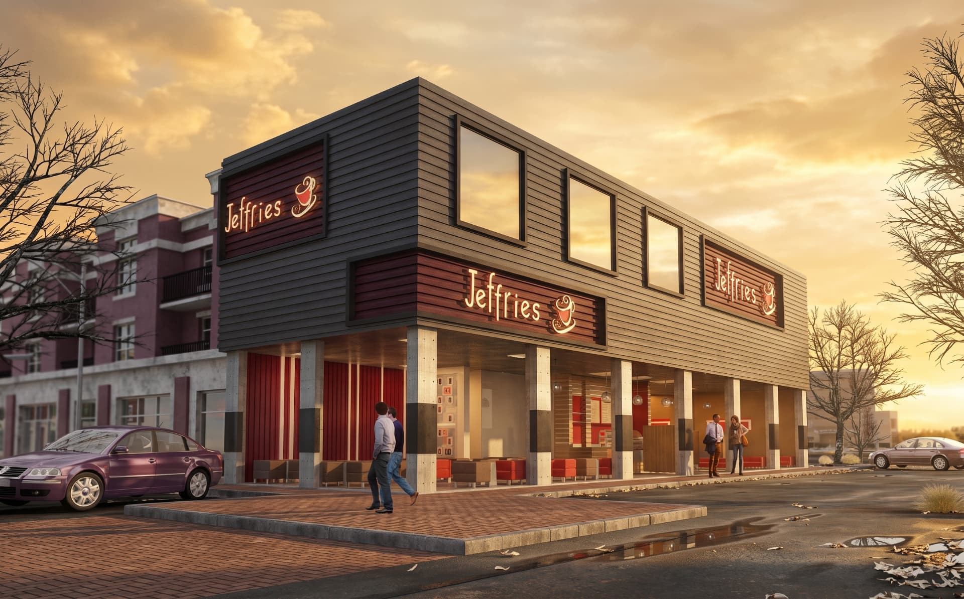 Exterior render of the renovated Joffrey’s café in Al Ehsa at sunset