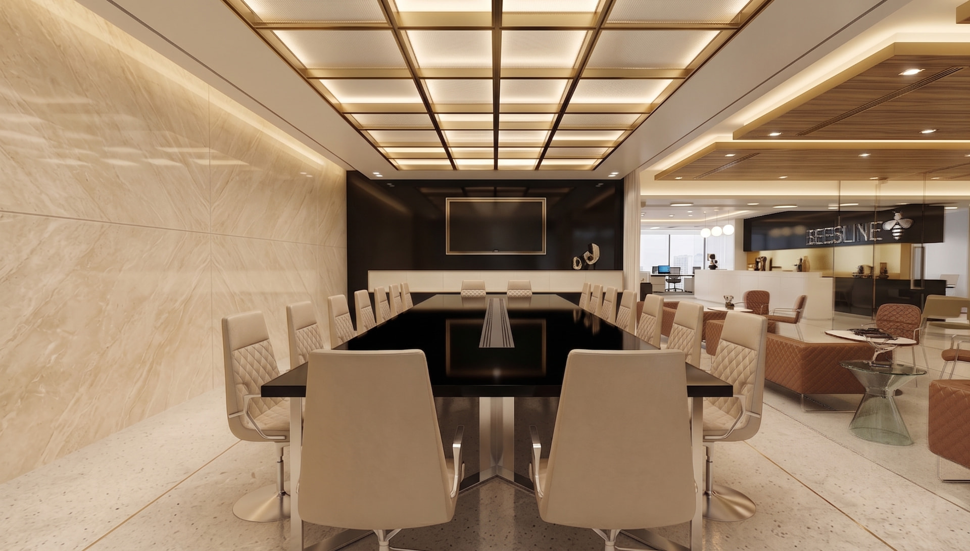 Beesline boardroom with a dark conference table and illuminated ceiling grid