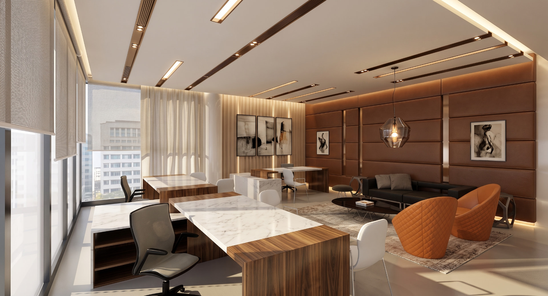 Light-filled Beesline open office with marble desks, timber joinery and lounge seating