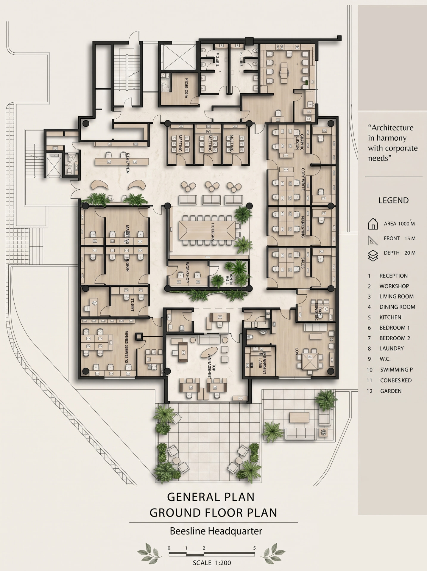 General floor plan of the Beesline offices showing room distribution, furniture and circulation