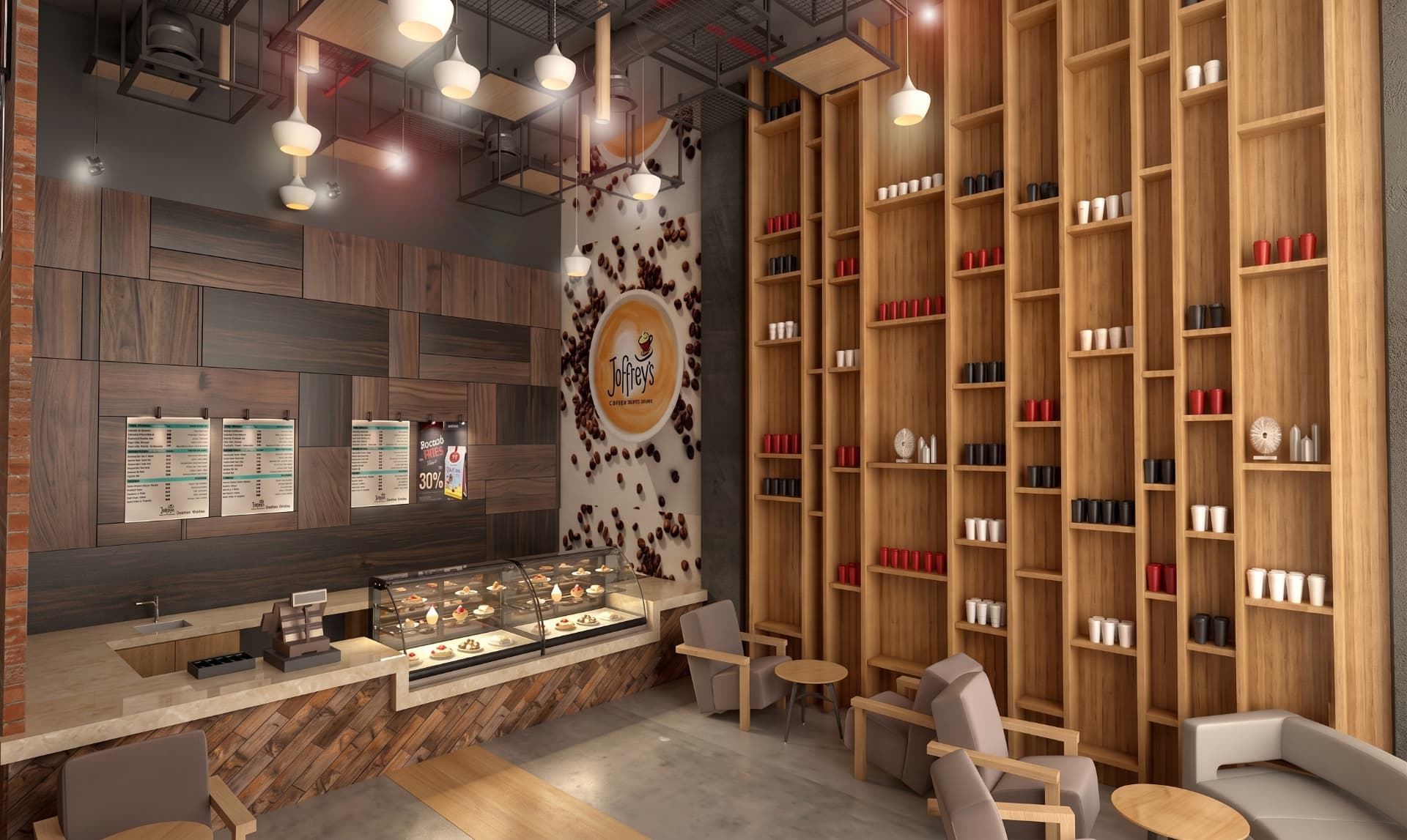 Design render of the Town Center café counter and tall timber display wall