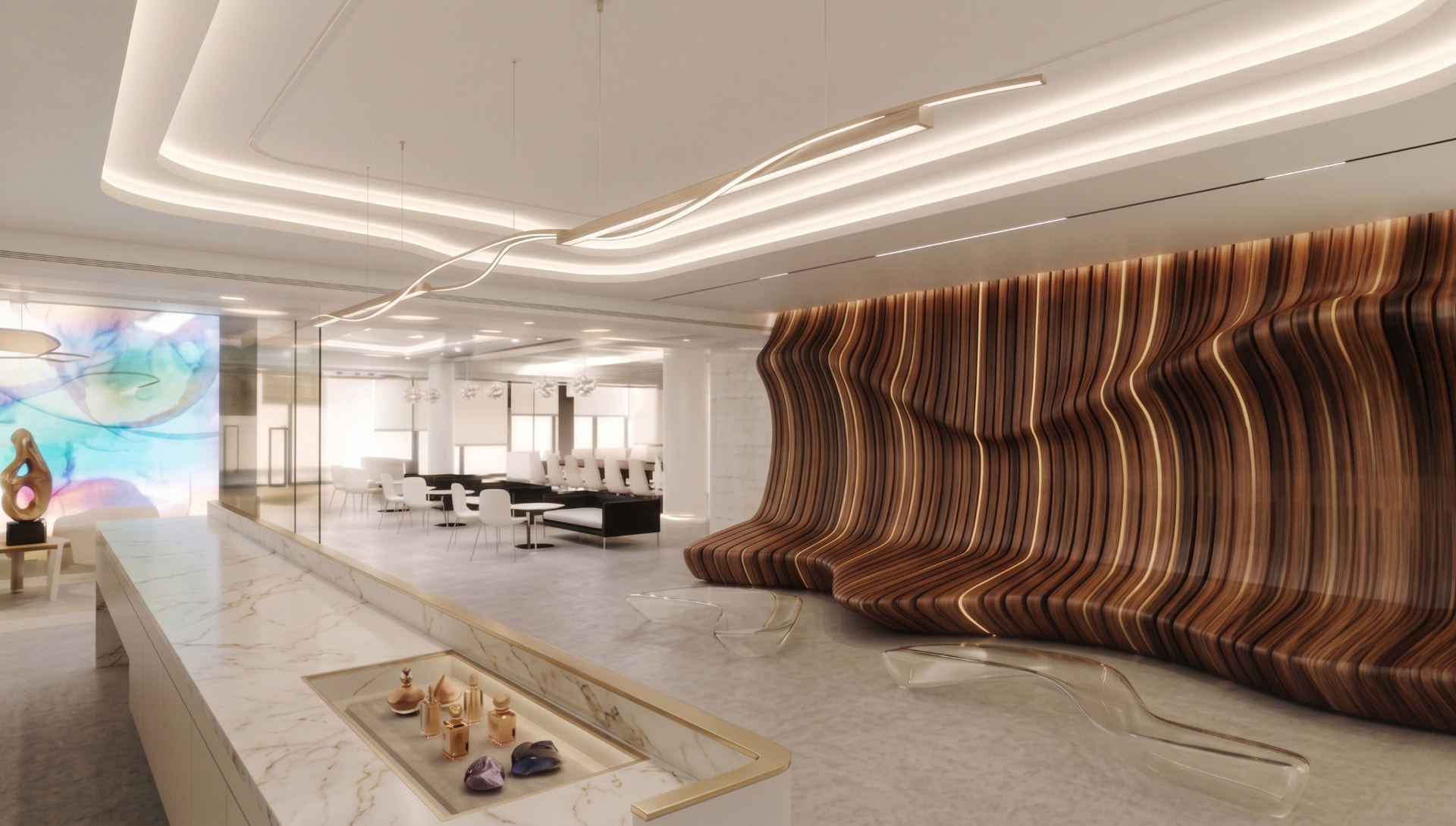 Beesline office reception with sculptural timber seating and a luminous display wall
