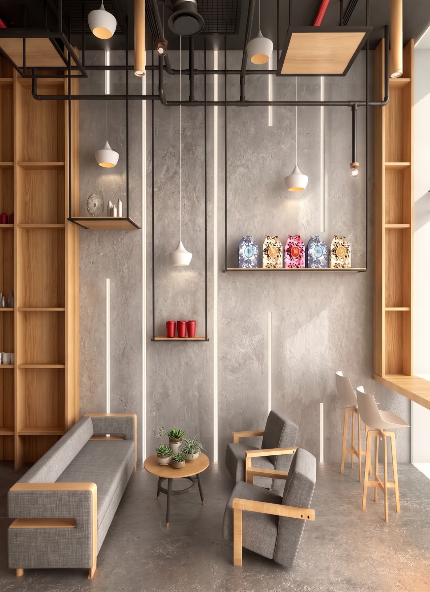 Design render of the Town Center café lounge with concrete walls and suspended lights