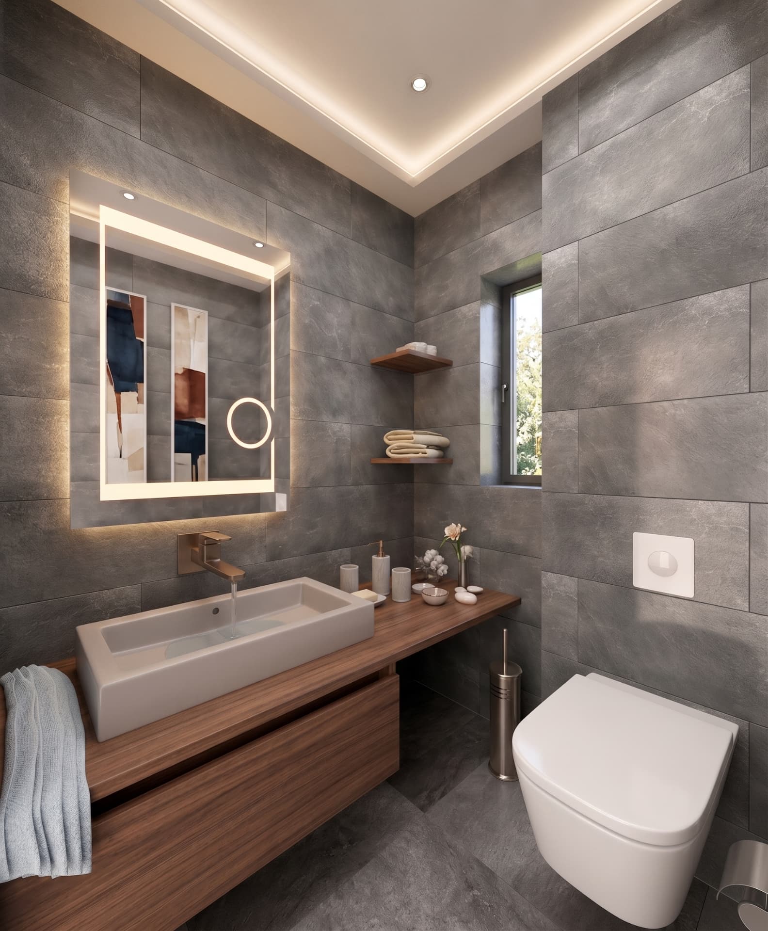 Renovated bathroom with walnut vanity, illuminated mirror and grey stone tiles