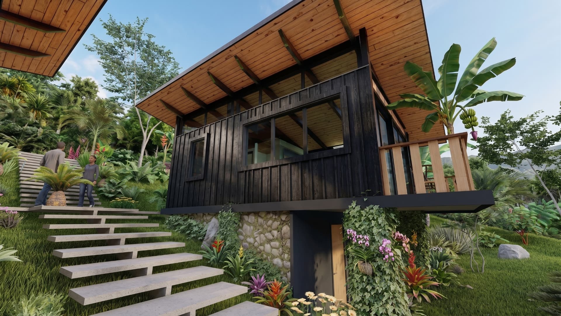 Dark clad cottage with a wide timber roof reached by floating stone steps on a green hillside