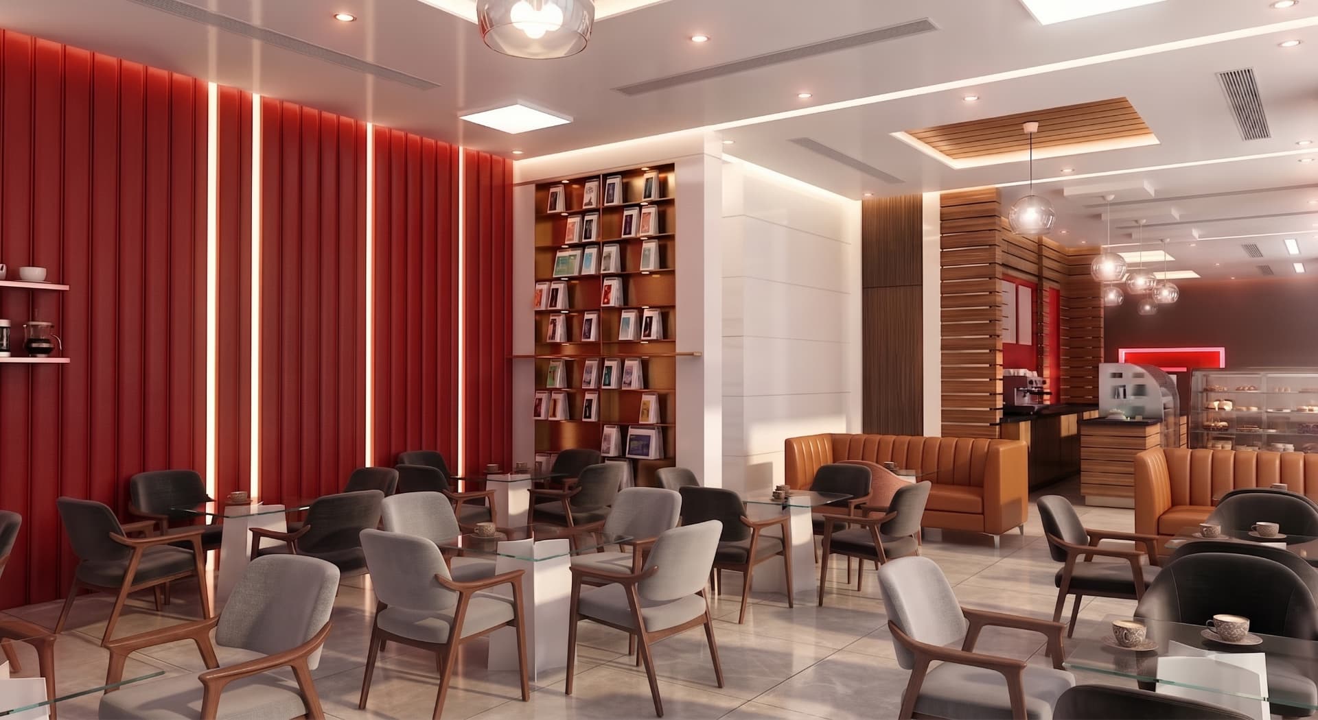 Interior render of the Al Ehsa café with red feature wall and mixed lounge seating