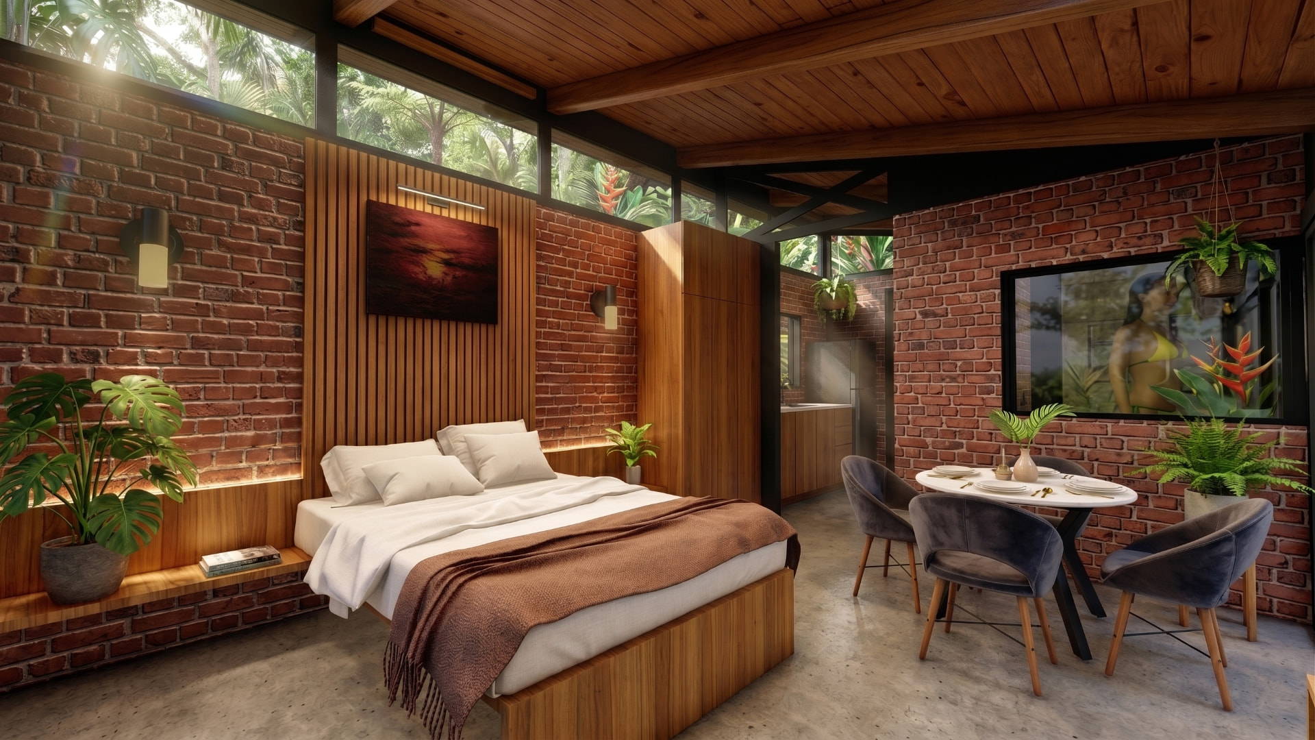 Jungle studio bedroom with exposed brick walls, warm timber ceiling and rainforest views