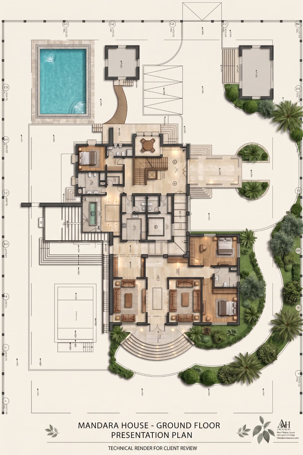 Ground-floor presentation plan of Mandara Villa showing rooms, furniture, pool, terraces and landscape