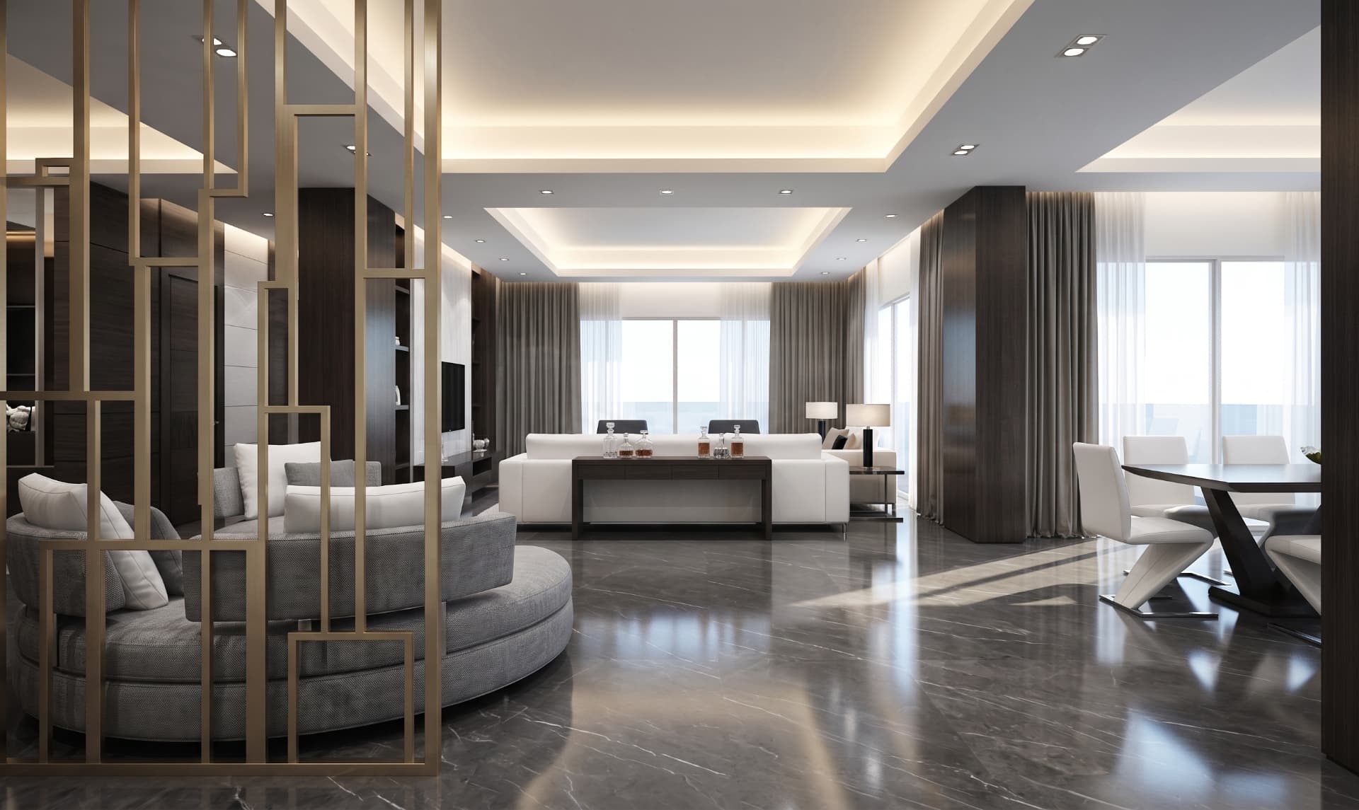 Open-plan living, sitting and dining room with bronze screen and dark stone floor
