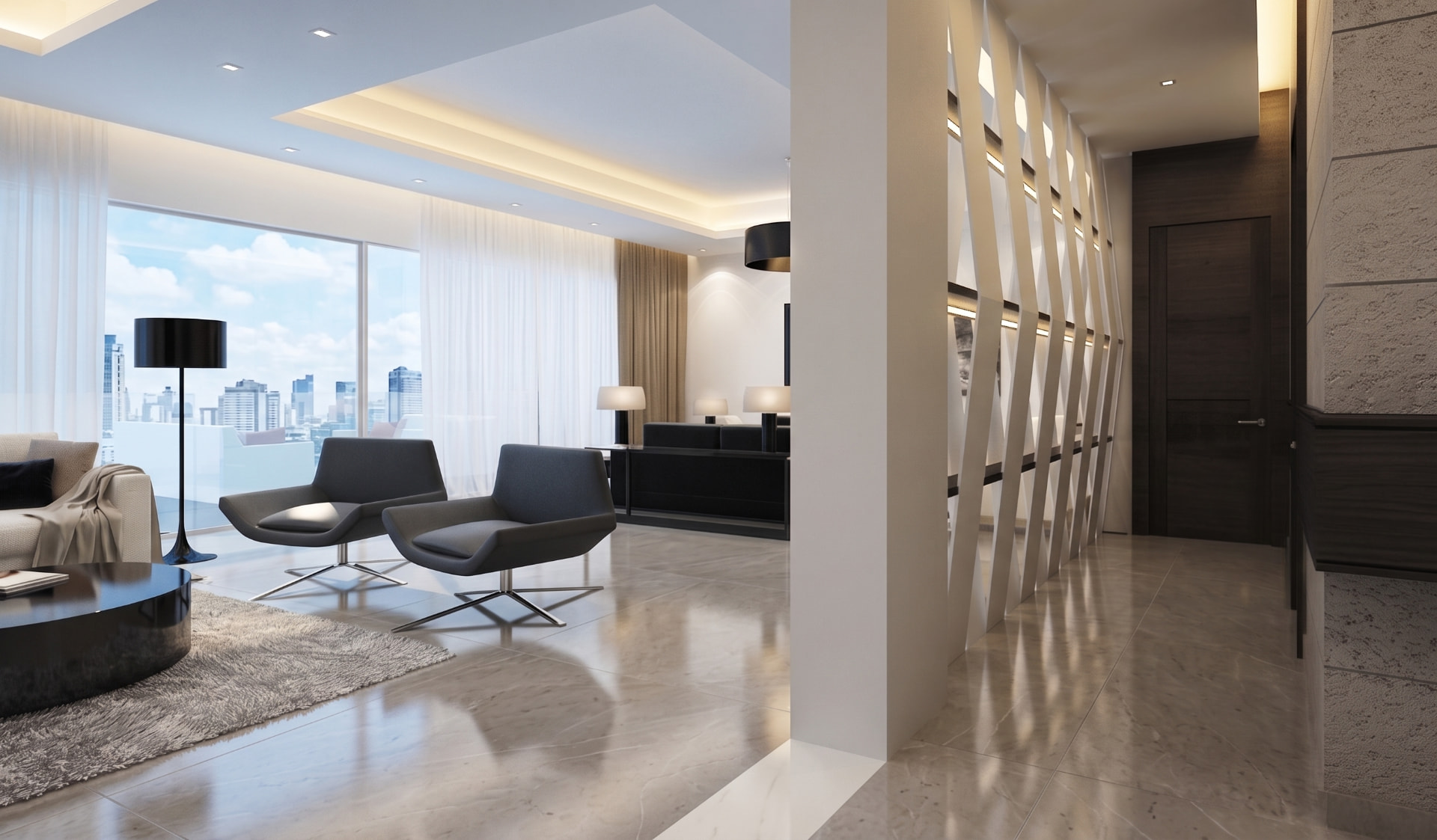 High-rise living room with grey lounge chairs, sculptural white shelving and skyline views