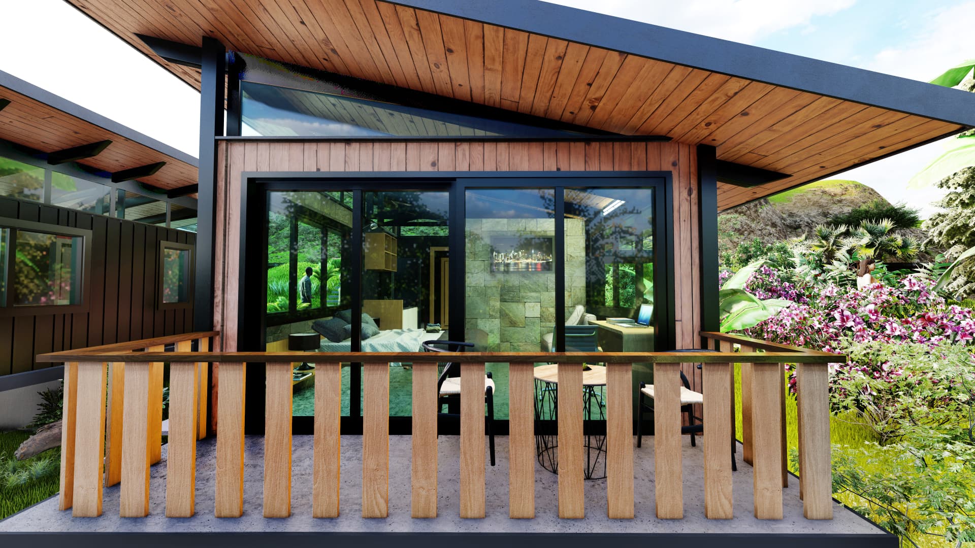 Shaded terrace with timber railing opening to sliding glazing and a flowering garden