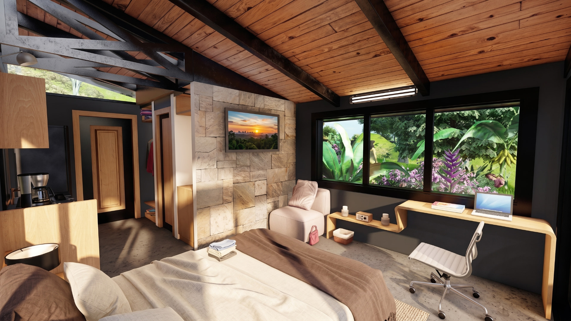 Studio interior with stone feature wall, exposed timber roof structure and window desk