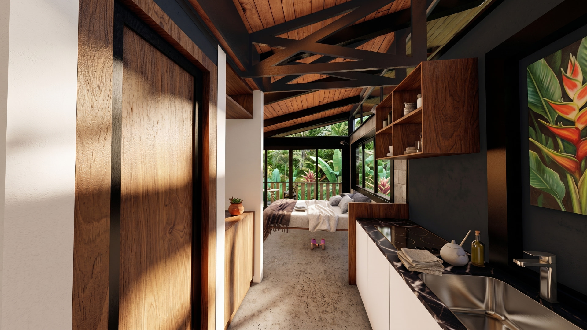 Compact kitchen alcove with dark stone counter, white cabinets and exposed timber trusses