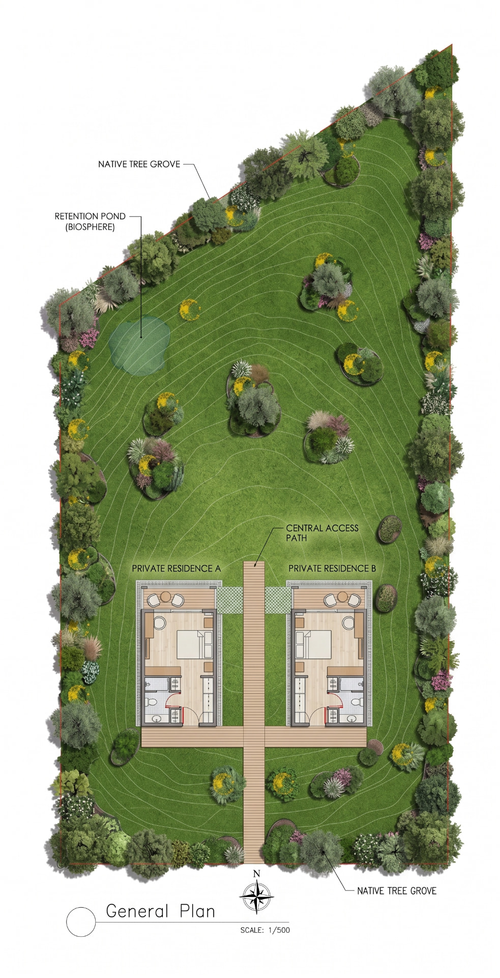 General site plan of the San Carlos Cottage retreat showing two private residences connected by a central access path among native tree groves