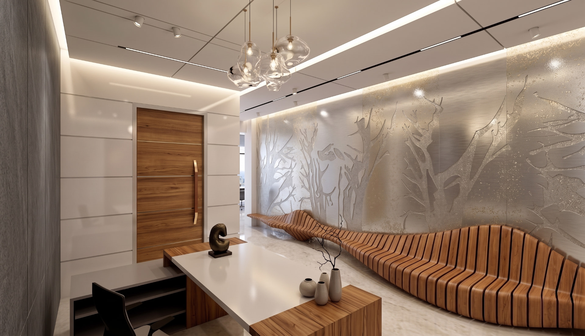 Beesline private office with a carved timber bench and botanical wall artwork