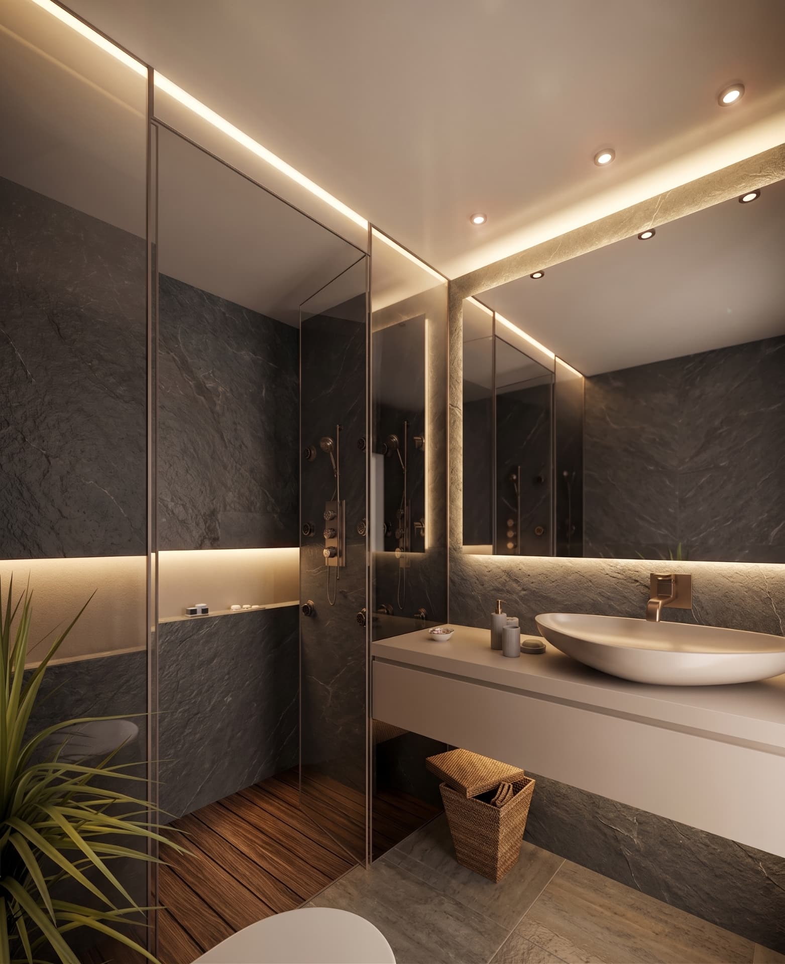 Renovated bathroom with dark slate walls, walk-in shower and backlit mirror